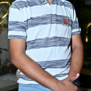 Men's White & Grey Striped Premium Polo T-Shirt
