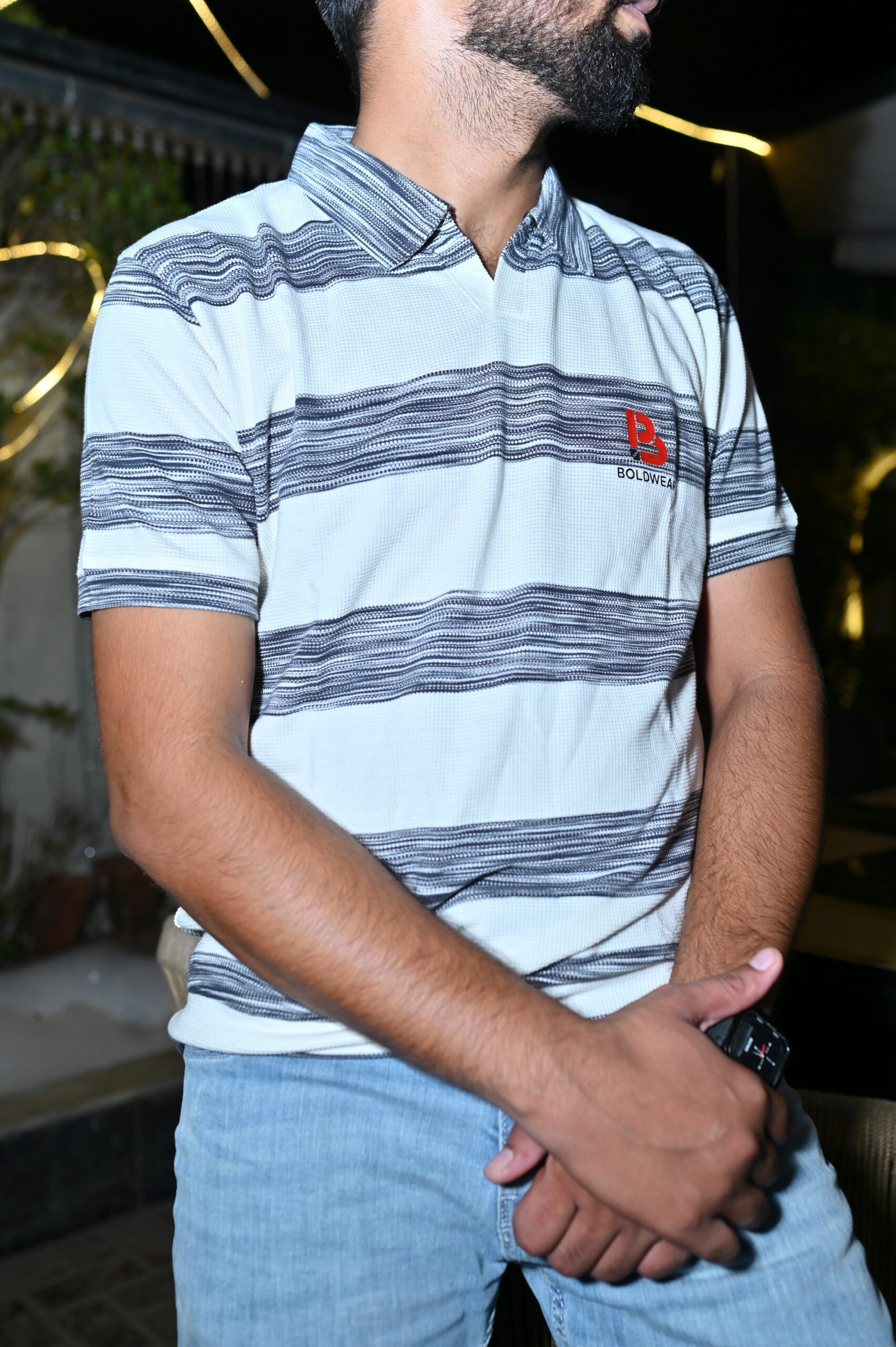 Men's White & Grey Striped Premium Polo T-Shirt - Image 5