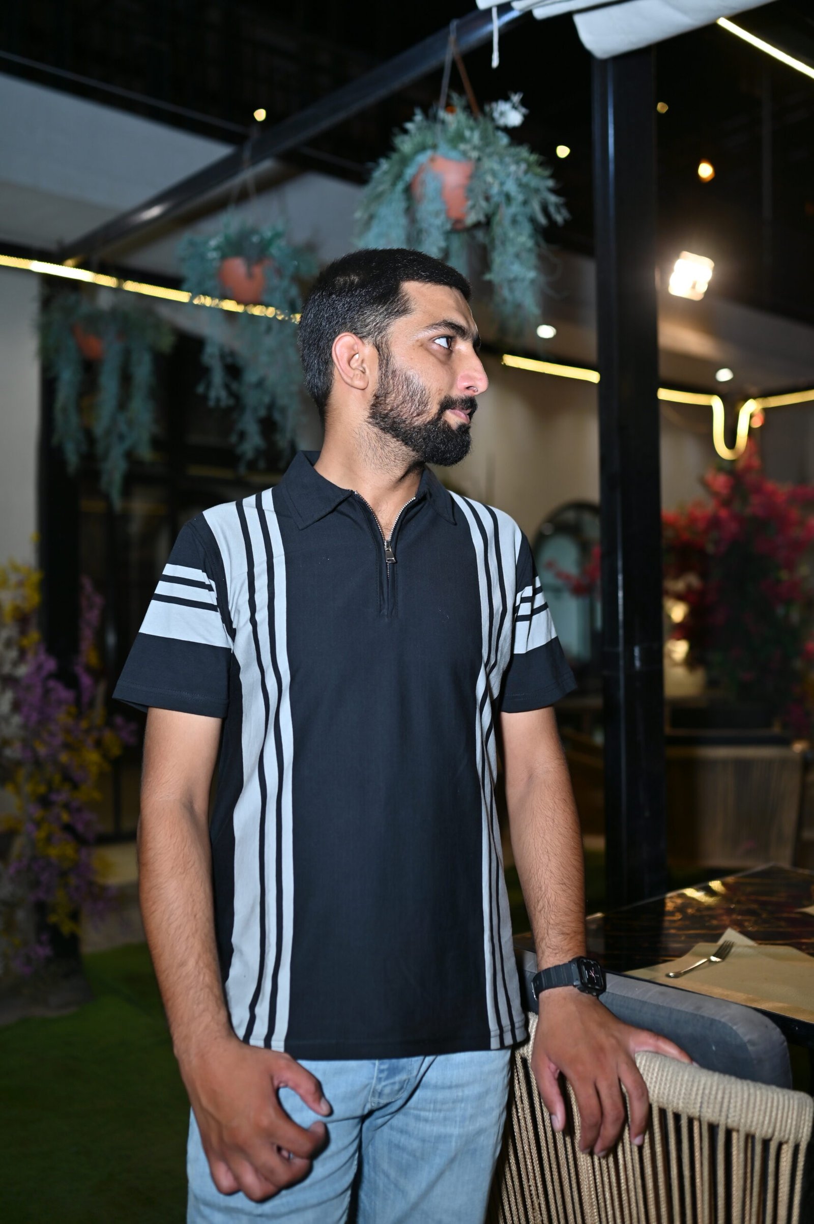 Men's Black & Grey Striped Premium T-Shirt - Image 2